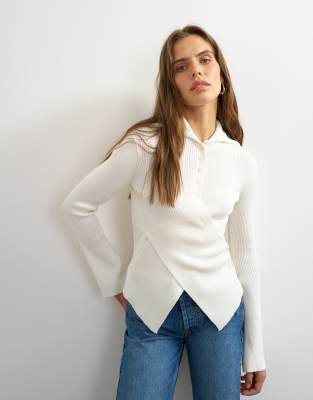 Topshop Wool Blend Knit Asymmetric Shawl Collar Sweater In White