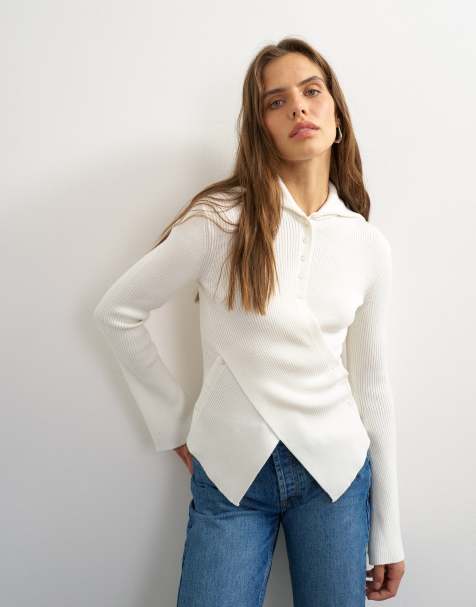 Topshop wool blend knit asymmetric shawl collar sweater in ivory - view 1