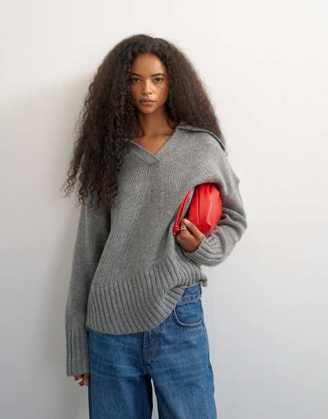 Topshop wool blend knit curved hem collared polo sweater in charcoal - view 1