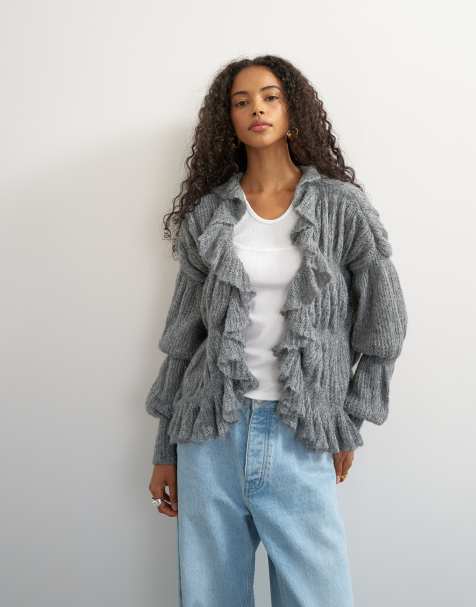 Topshop wool blend knit frill trim hem cardigan in gray - view 1