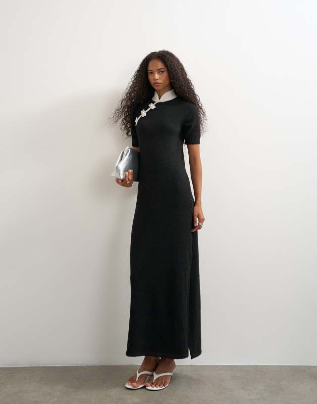 Topshop wool blend knit mandarin collar maxi dress in black and white