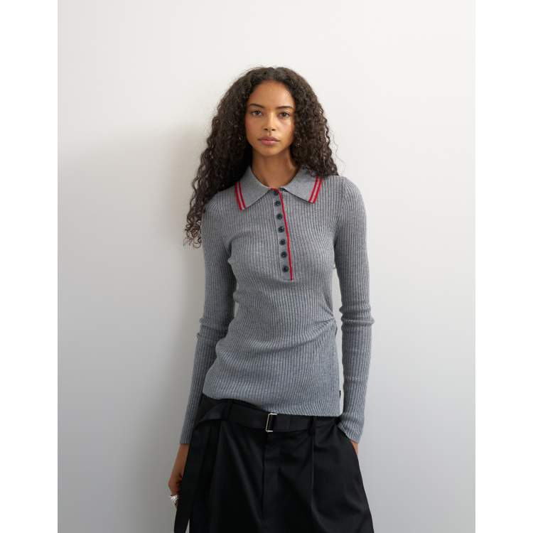 Topshop wool blend knit side twist polo shirt in gray | ASOS