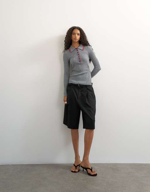 Topshop wool blend knit side twist polo shirt in gray | ASOS
