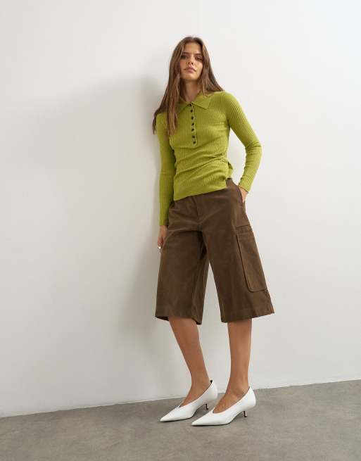 Topshop wool blend knit side twist polo top in lime, 2 of 4