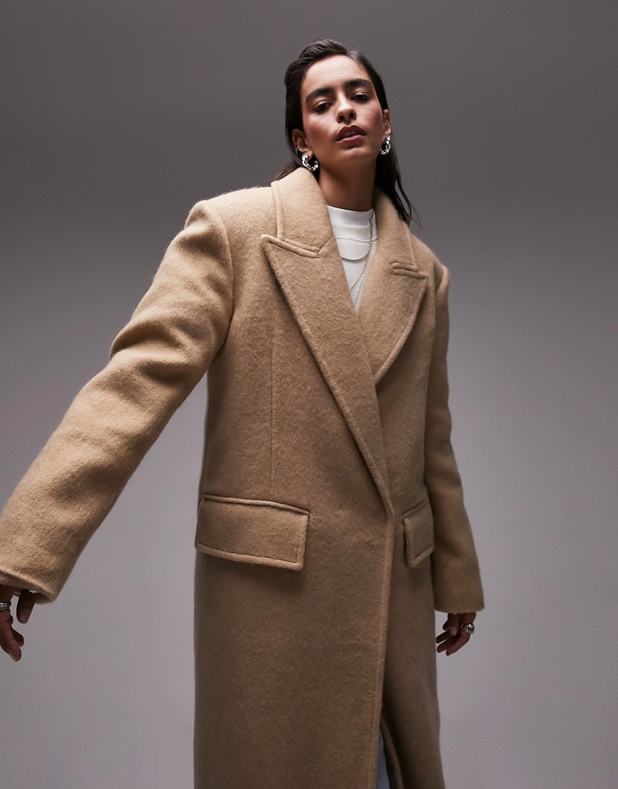 Topshop wool-blend oversized coat with three pocket detail in camel-Neutral
