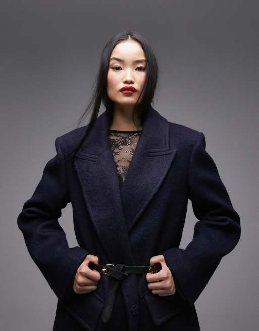 Topshop wool blend oversized coat with three pocket detail in navy