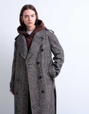 Topshop Wool Blend Twill Super Longline Belted Coat In Multi