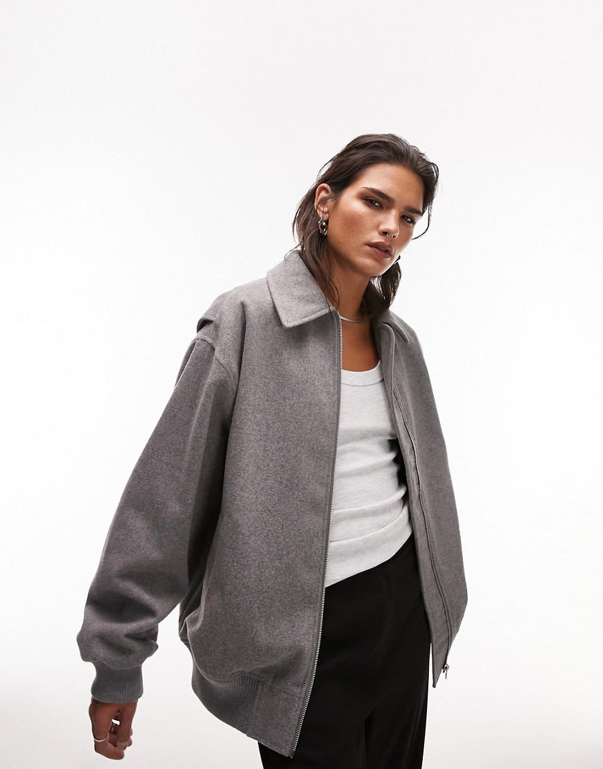 Topshop Wool Bomber Jacket With Collar In Gray