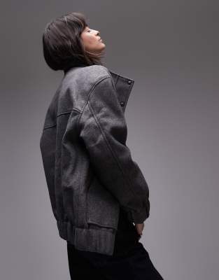 wool look bomber jacket in charcoal-Gray