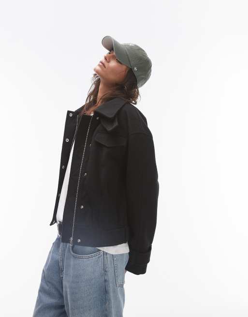 Topshop wool look bomber jacket with tab detail in black