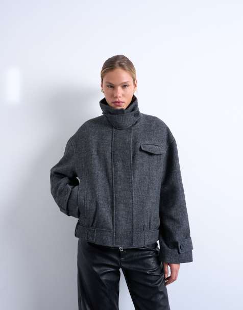 Topshop wool look bomber jacket with tab detail in charcoal - view 1