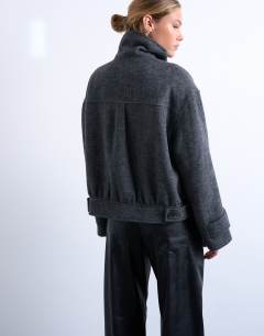 Model wearing Wool look bomber jacket with tab detail in charcoal