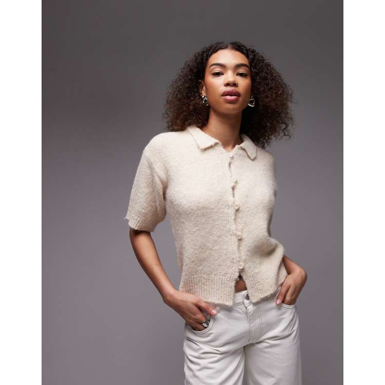 Topshop wool look button down shrunken knit shirt in ecru | ASOS