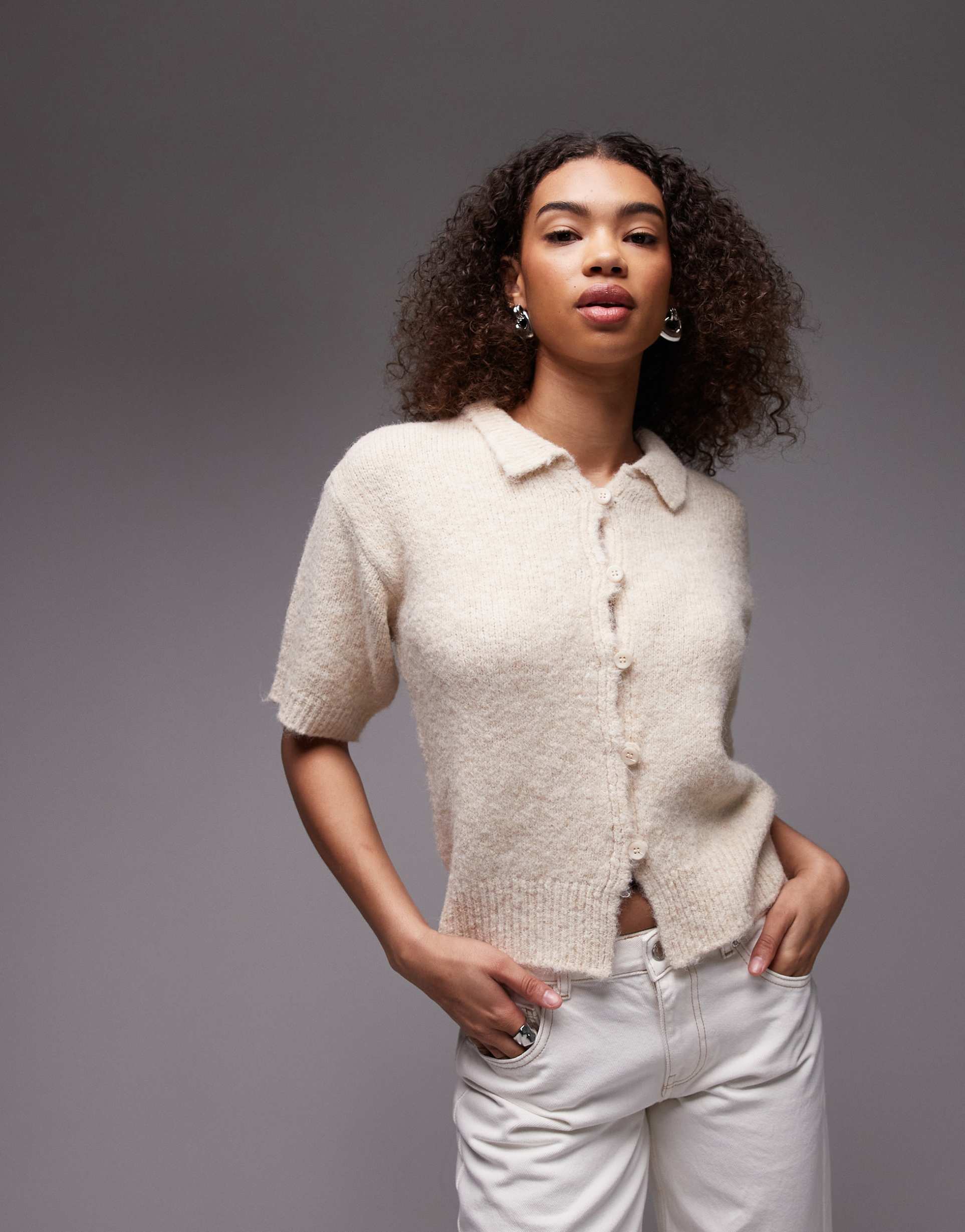 topshop wool look button down shrunken knit shirt in ecru