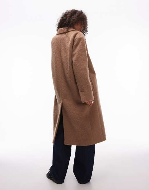 Topshop Wool Look Double Breasted Brushed Coat in camel Neutral