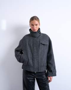 Wool look funnel neck bomber jacket with tab detail in charcoal