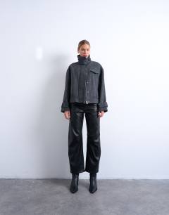 Model wearing Wool look funnel neck bomber jacket with tab detail in charcoal