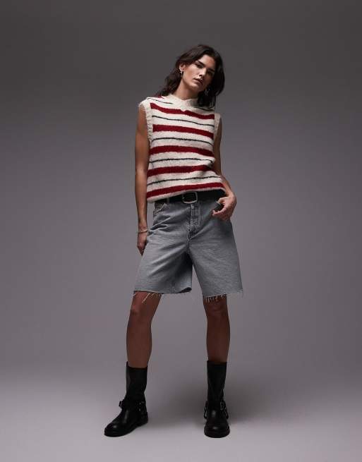 Topshop wool look high neck tank in red and pink stripe, 2 of 4