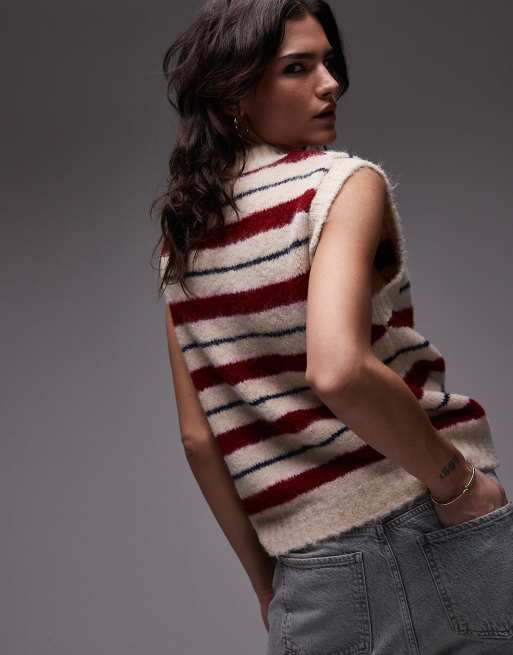 Topshop wool look high neck tank in red and pink stripe, 3 of 4