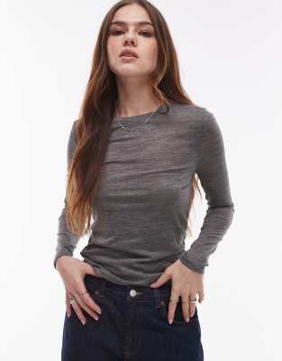 Topshop Wool Mix Long Sleeve Top In Gray