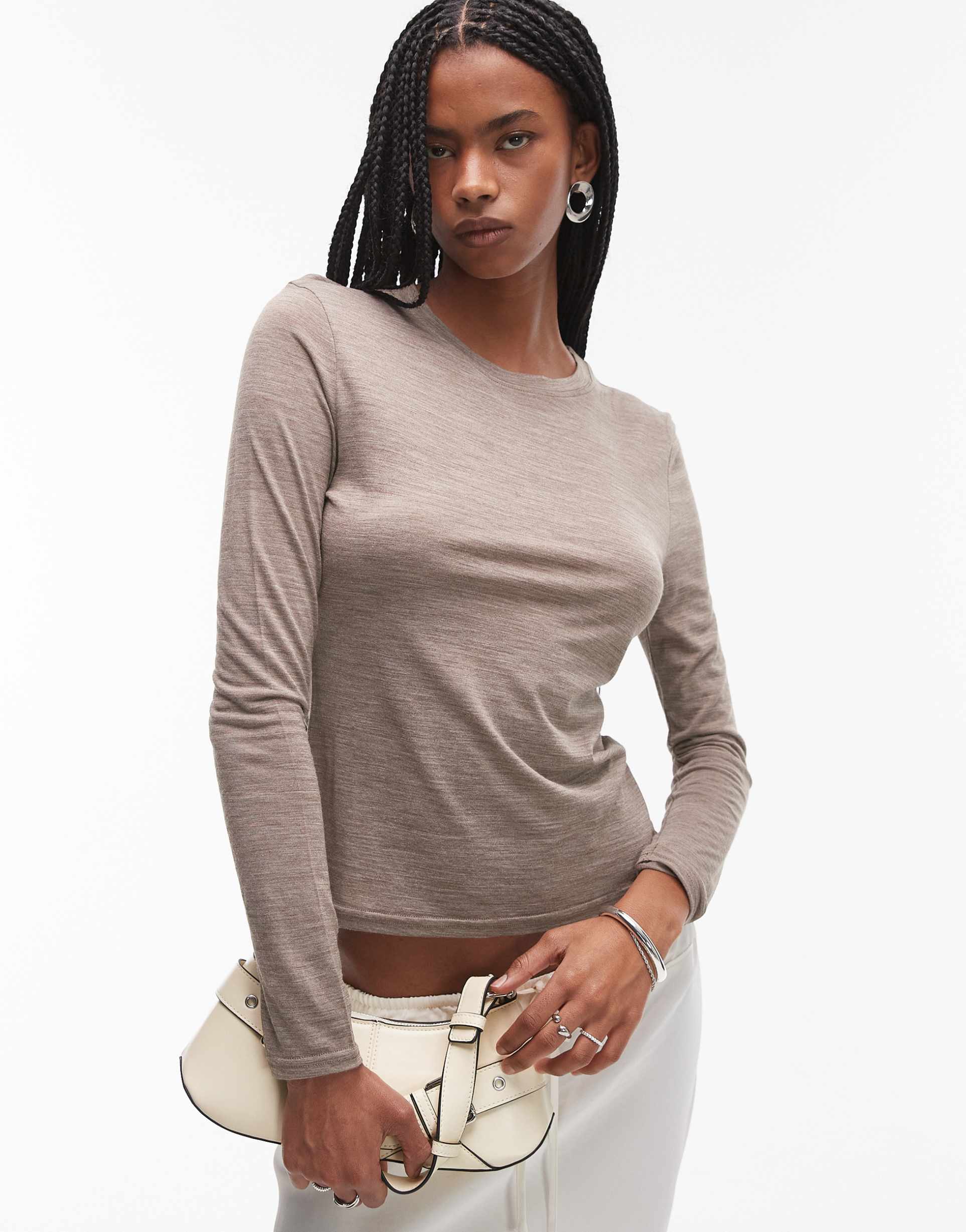 topshop wool mix long sleeve top in heathered oat