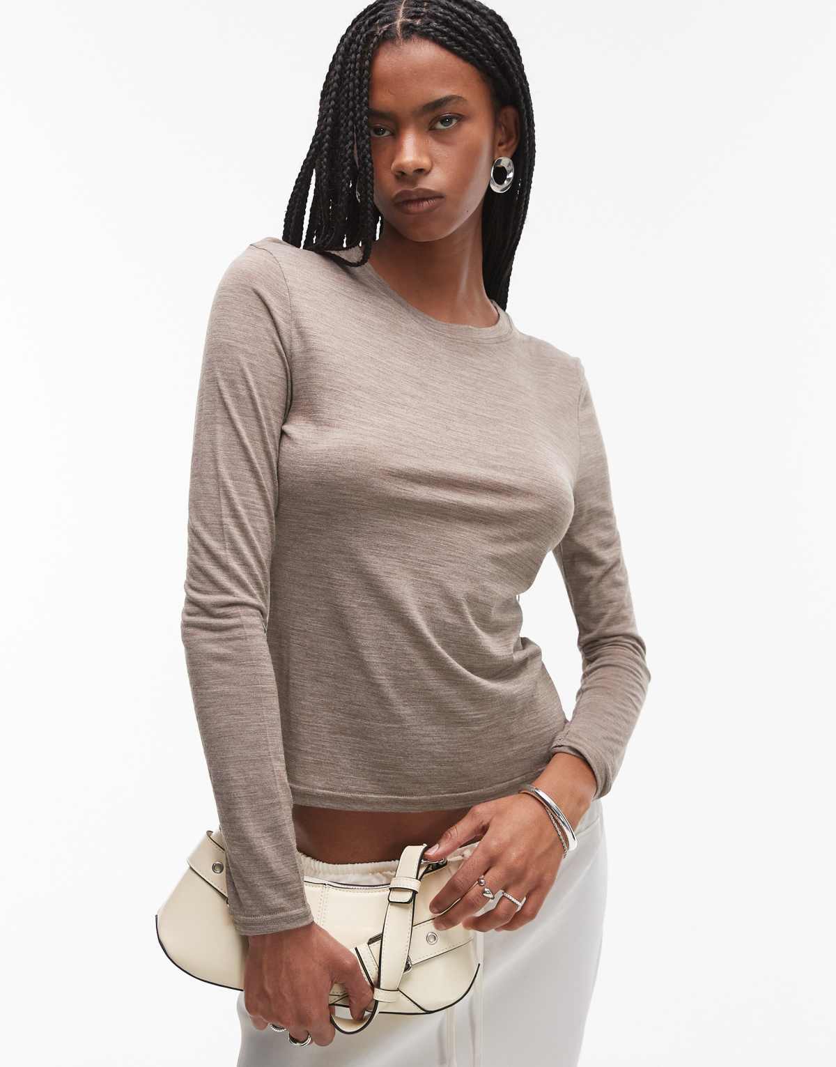 Topshop wool mix long sleeve top in oat marl