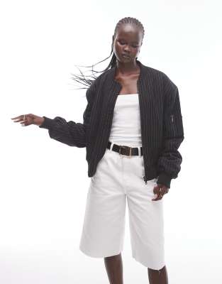 Shop Topshop Wool Pinstripe Crop Bomber Jacket In Gray
