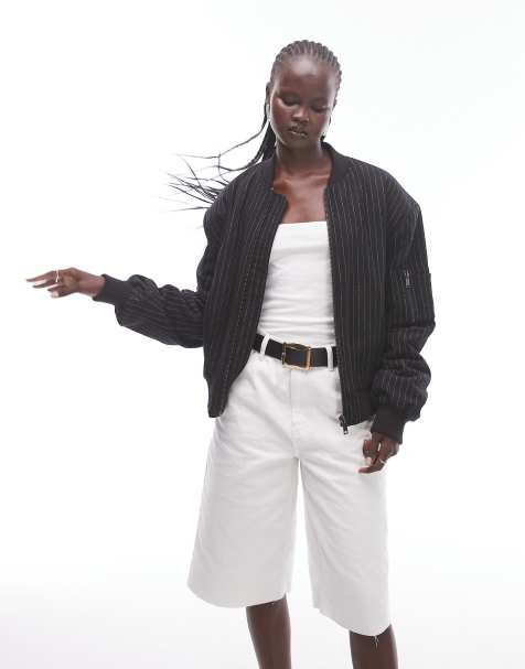 Topshop wool pinstripe crop bomber jacket in charcoal - view 1