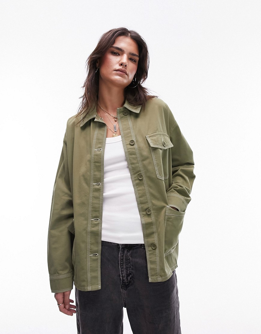 Shop Topshop Workwear Shirt Jacket With Contrast Stitch In Khaki - Part Of A Set-green