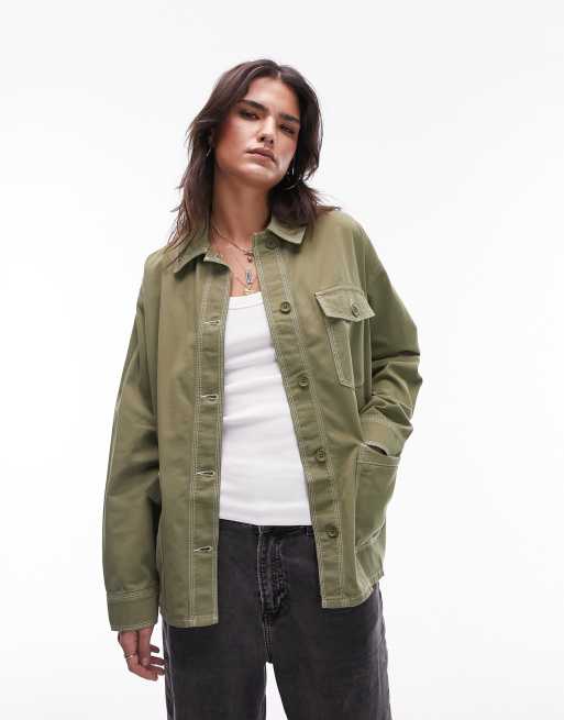 Topshop workwear shirt jacket with contrast stitch in khaki - part of a set