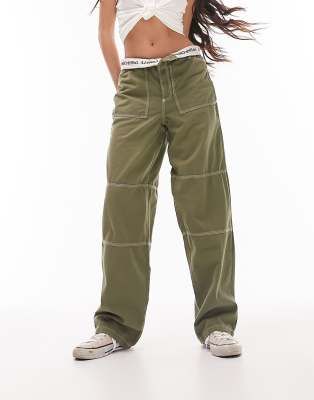 Topshop workwear straight leg pants with fold over waistband
