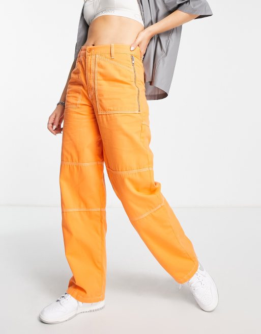 Topshop workwear straight leg trouser with fold over waistband detail in  orange