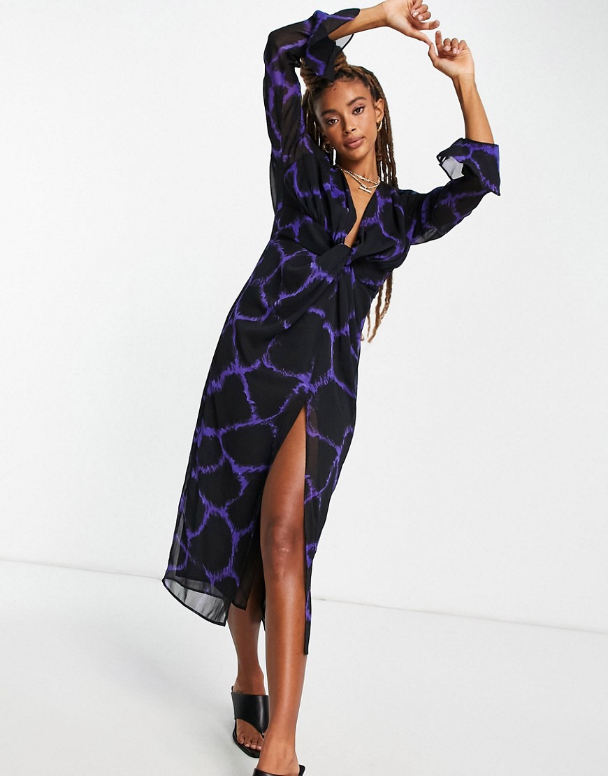 Topshop Woven Knot Front Plunge Occasion Midi Dress in Purple