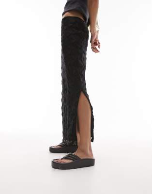 Topshop Woven Lace Midi Skirt In Black In Black
