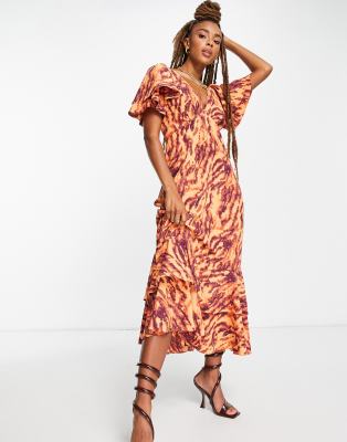 Topshop woven ruffle sleeve midi dress in zebra - ASOS Price Checker