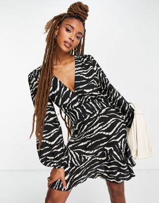 Topshop Woven Ruffle Tea Dress in Zebra Print-Multi
