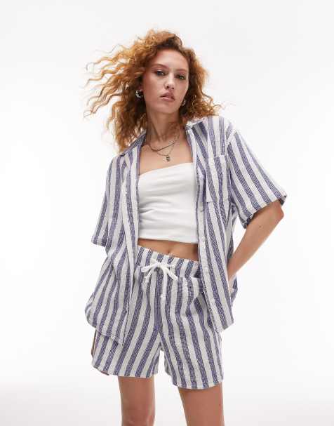 Topshop woven texture stripe short sleeve shirt in blue (part of a set) - view 1