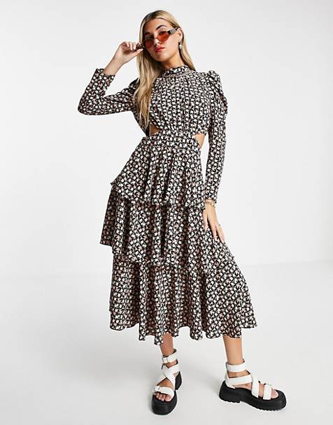 Topshop woven tiered cut out midi dress in multi