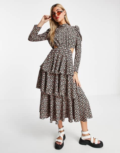 Topshop woven tiered cut out midi dress in multi - view 1
