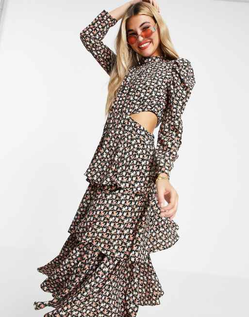 Topshop woven tiered cut out midi dress in multi, 2 of 4