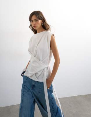 Topshop Wrap Detail Cap Sleeve Top In Black