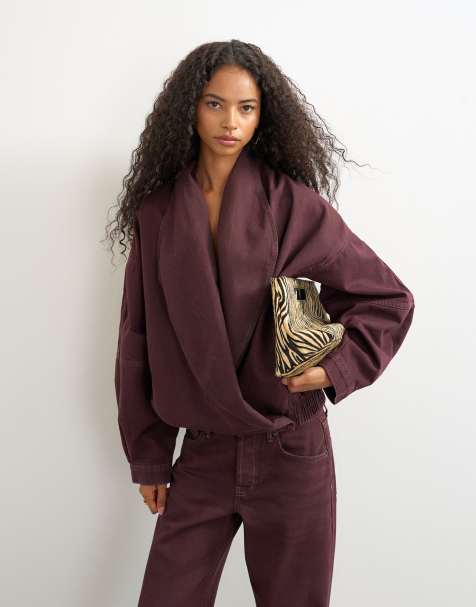 Topshop Wrap drape neckline bomber jacket in aubergine - view 1