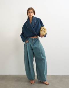 Model wearing Wrap drape neckline bomber jacket in sulphur blue