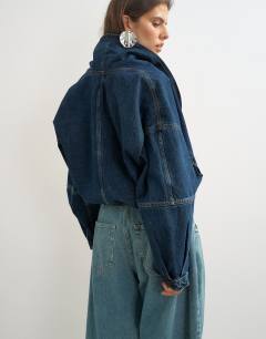 Model wearing Wrap drape neckline bomber jacket in sulphur blue