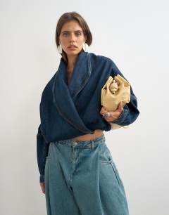 Model wearing Wrap drape neckline bomber jacket in sulphur blue