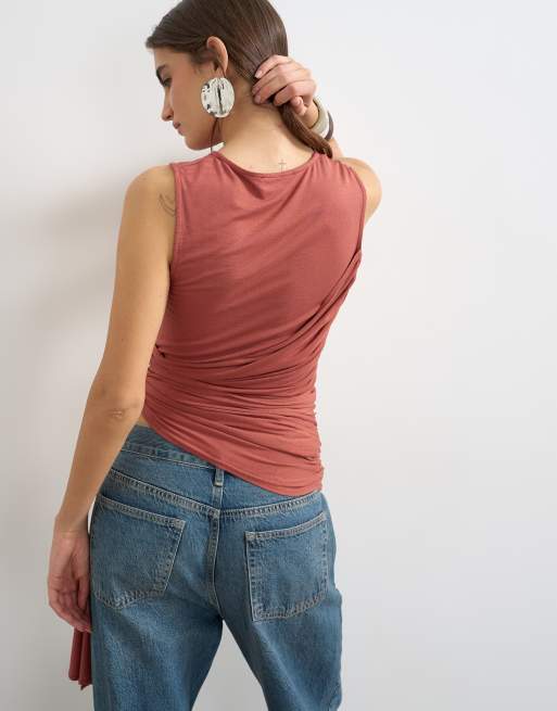 Topshop wrap drape tank top with tie in rust, 3 of 4