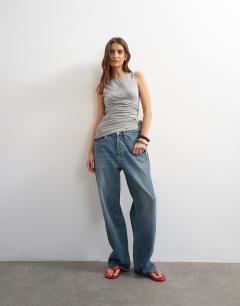 Model wearing Wrap drape tank with tie in grey marl