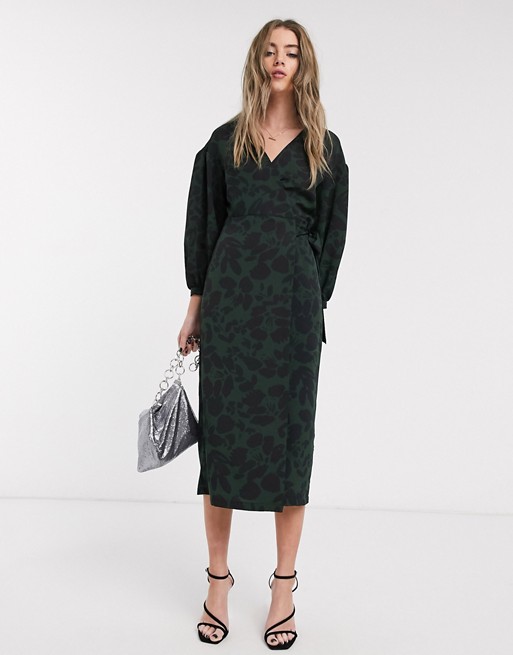 Topshop wrap dress with oversized sleeves in green floral print