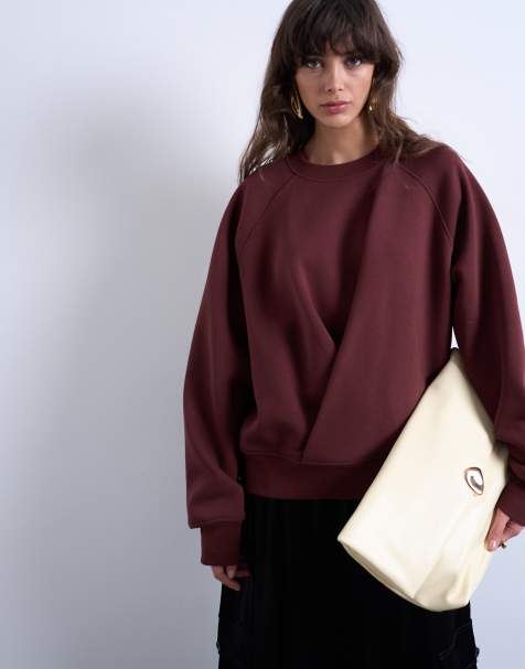 Topshop wrap front detail sweatshirt in chocolate - view 1