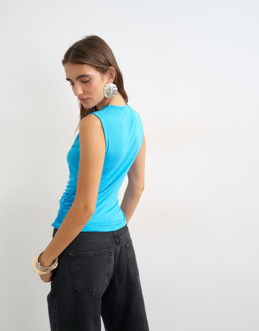 Topshop wrap front drape detail tank in teal, 3 of 4
